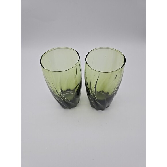 Vintange Anchor Hocking MCM Olive Green Starfire Swirl Central Park Set of 2 - Picture 2 of 7
